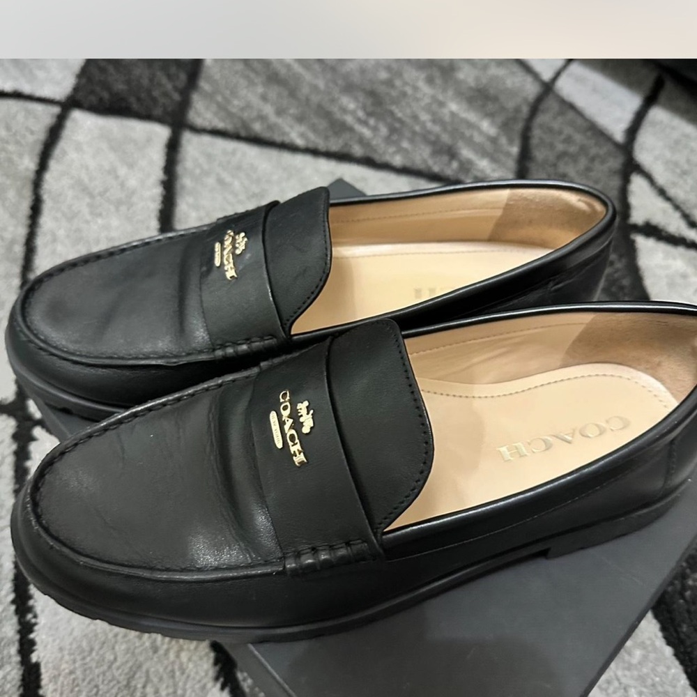Coach Black Leather Loafers with Gold Detail